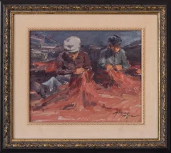Postimpressionistische Studie, Fischer, die Netze reparieren, 20. Jh., Öl an Bord, gerahmt
