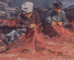Postimpressionistische Studie, Fischer, die Netze reparieren, 20. Jh., Öl an Bord, gerahmt
