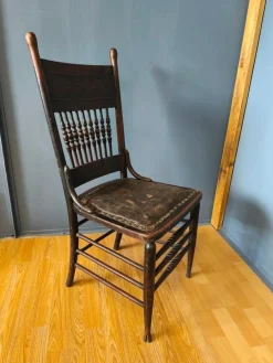 Pressed Back Chair with Leather Seat and Turned Parts
