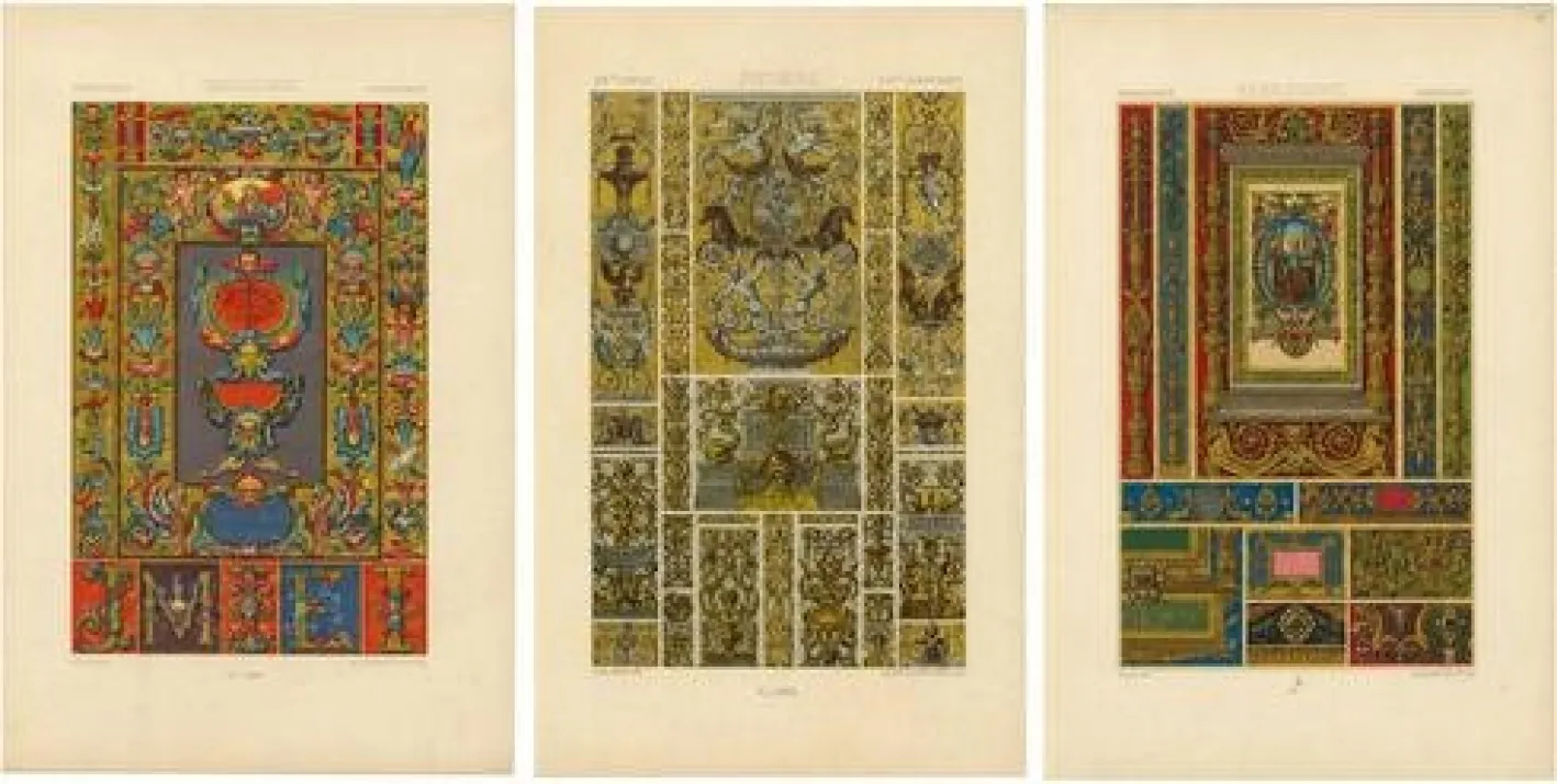 Racinet, Renaissance Grotesque Ornament, 1873, Chromolithographien, 3er Set
