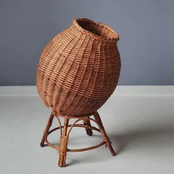 Rattan Übertopf auf Ständer, 1970er