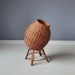 Rattan Übertopf auf Ständer, 1970er