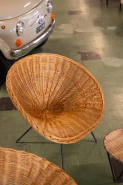 Rattan Salontisch & Stühle von Raoul Guys, 1950, 4 . Set
