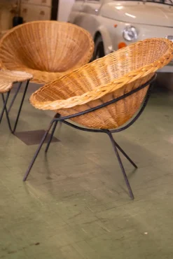 Rattan Salontisch & Stühle von Raoul Guys, 1950, 4 . Set