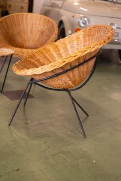 Rattan Salontisch & Stühle von Raoul Guys, 1950, 4 . Set