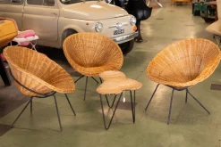 Rattan Salontisch & Stühle von Raoul Guys, 1950, 4 . Set