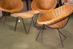Rattan Salontisch & Stühle von Raoul Guys, 1950, 4 . Set