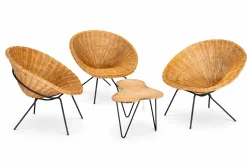 Rattan Salontisch & Stühle von Raoul Guys, 1950, 4 . Set