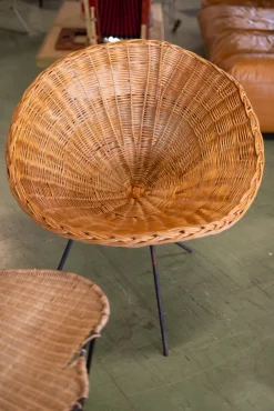 Rattan Salontisch & Stühle von Raoul Guys, 1950, 4 . Set