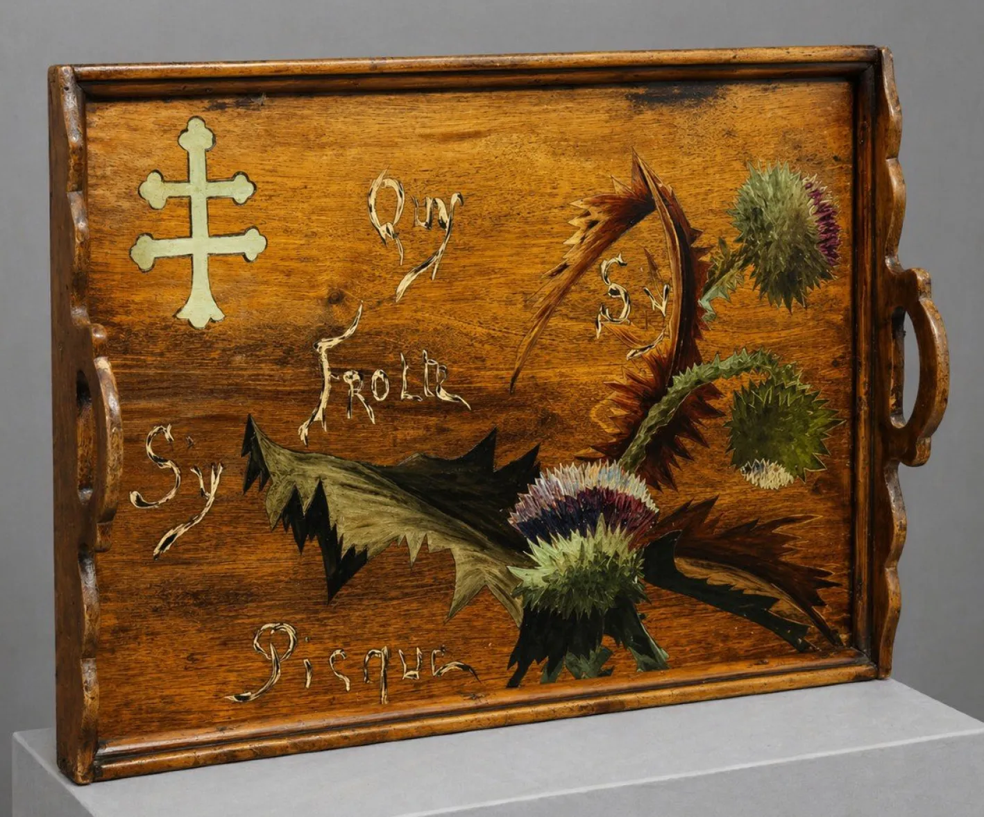Rechteckiges Holztablett mit Intarsien im Stil von Emile Gallé