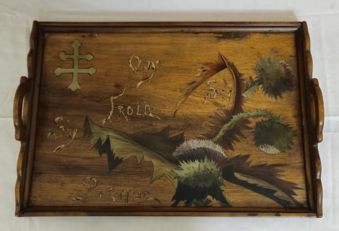 Rechteckiges Holztablett mit Intarsien im Stil von Emile Gallé