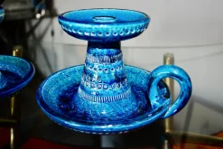 Rimini Blue Keramik Kerzenhalter von Aldo Londi für Bitossi, Italy, 1960, 2er Set