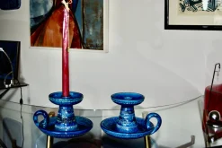 Rimini Blue Keramik Kerzenhalter von Aldo Londi für Bitossi, Italy, 1960, 2er Set