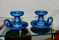 Rimini Blue Keramik Kerzenhalter von Aldo Londi für Bitossi, Italy, 1960, 2er Set