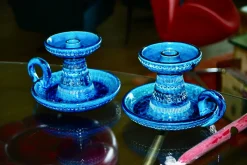 Rimini Blue Keramik Kerzenhalter von Aldo Londi für Bitossi, Italy, 1960, 2er Set