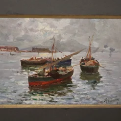 R. Leone, Golf von Neapel mit Fischern, Ölgemälde an Bord, Frühes 20. Jh., Gerahmt