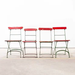 Roter Französischer Lamellen Outdoor Klappstuhl, 1950er, 4er Set