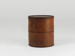 Runde Aufbewahrungsbox aus Leder mit Deckel, Carl Auböck zugeschrieben, Wien, Österreich, 1950er