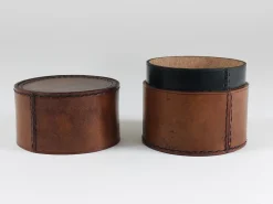 Runde Aufbewahrungsbox aus Leder mit Deckel, Carl Auböck zugeschrieben, Wien, Österreich, 1950er