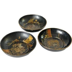 Runde japanische handbemalte Pappmaché Schalen, 1910er, 3er Set