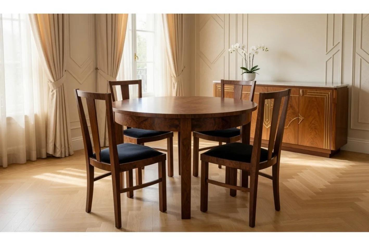 Runder Art Deco Tisch mit Vier Stühlen, 1940er