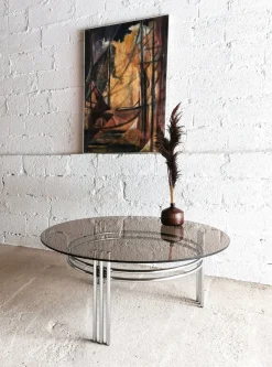Runder Vintage Space Age Couchtisch aus Chrom & Glas, 1970er