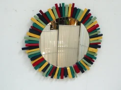 Runder Wandspiegel mit Bunter Holzrahmen, 1960er