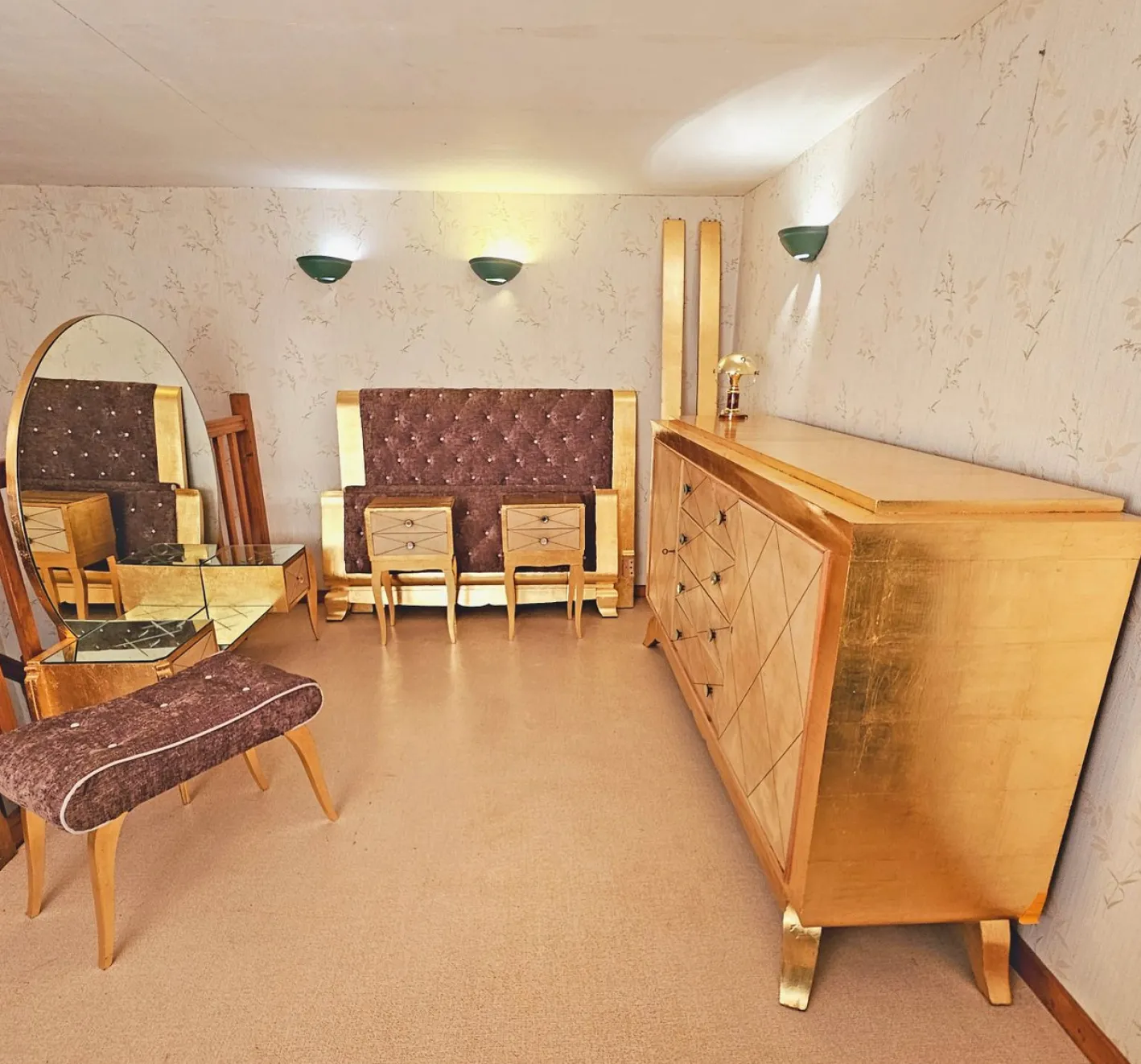 Schlafzimmer Set aus Pergament und Blattvergoldung, 1940er, 6 . Set