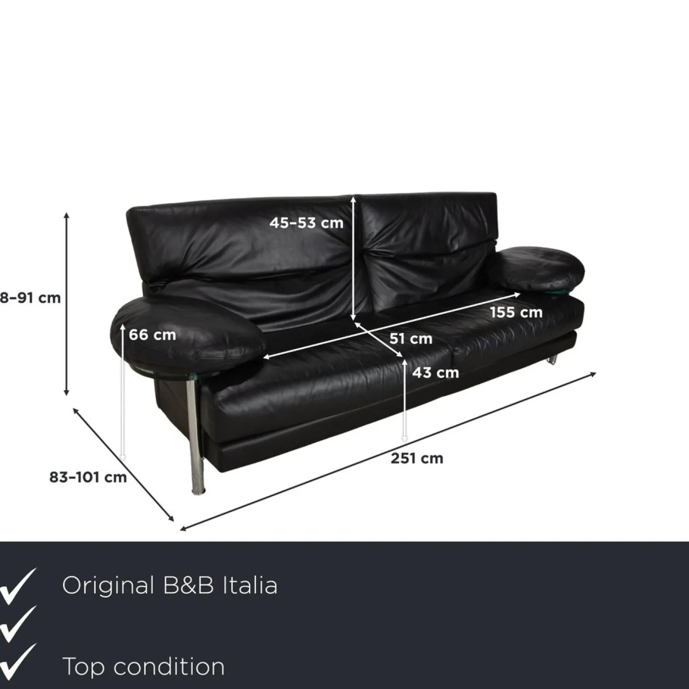 Schwarzes Arca Drei-Sitzer Ledersofa mit manueller Funktion von B&B Italia