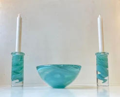 Schwedische Blaue Atoll Schale & Kerzenhalter aus Kunstglas von Anna Ehrner für Kosta Boda, 1980er, 3er Set