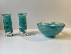 Schwedische Blaue Atoll Schale & Kerzenhalter aus Kunstglas von Anna Ehrner für Kosta Boda, 1980er, 3er Set
