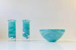 Schwedische Blaue Atoll Schale & Kerzenhalter aus Kunstglas von Anna Ehrner für Kosta Boda, 1980er, 3er Set