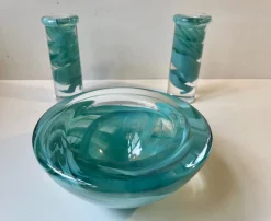 Schwedische Blaue Atoll Schale & Kerzenhalter aus Kunstglas von Anna Ehrner für Kosta Boda, 1980er, 3er Set