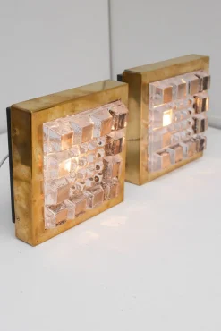 Schwedische Brutalistische Glas und Messing Wandlampen von Falkenbergs Belysning, 2er Set