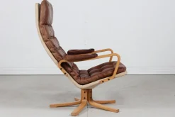 Schwedischer Mona Roto Drehstuhl aus Buche & Cognacfarbenem Leder von Sam Larsson, 1970er