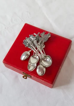 Schwedische Silberne Teelöffel mit Figuren und Windmühlen, 1920-1930, 12 . Set