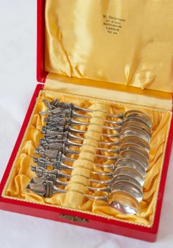 Schwedische Silberne Teelöffel mit Figuren und Windmühlen, 1920-1930, 12 . Set
