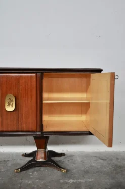 Sideboard aus Mahagoni, Birnenholz, Messing & lackierter Glasplatte mit Spiegel von F.lli Rigamonti Desio, Milano, 1940er