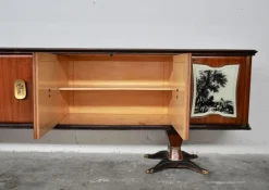 Sideboard aus Mahagoni, Birnenholz, Messing & lackierter Glasplatte mit Spiegel von F.lli Rigamonti Desio, Milano, 1940er