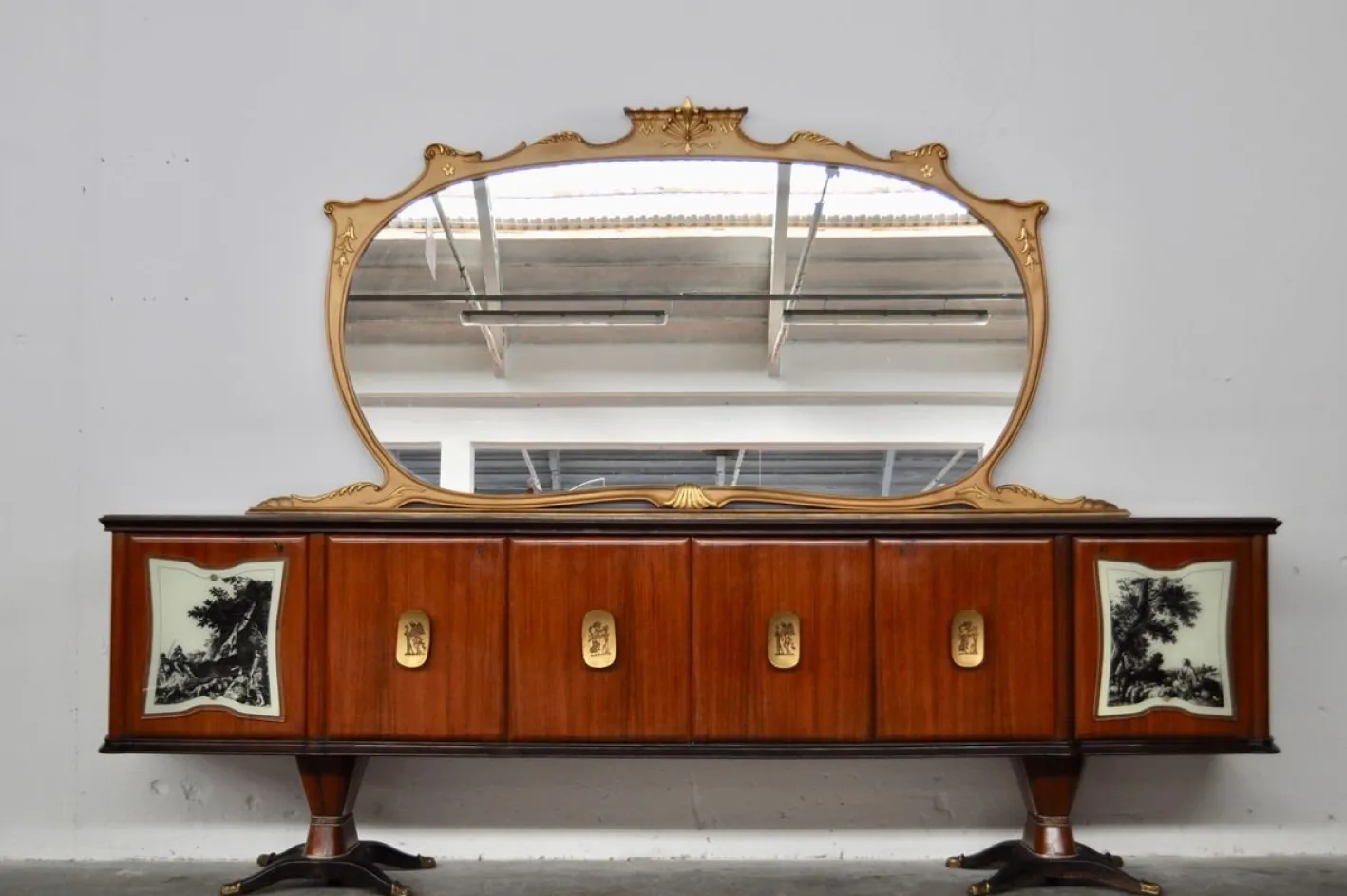 Sideboard aus Mahagoni, Birnenholz, Messing & lackierter Glasplatte mit Spiegel von F.lli Rigamonti Desio, Milano, 1940er