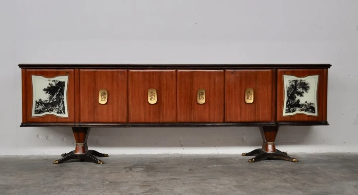 Sideboard aus Mahagoni, Birnenholz, Messing & lackierter Glasplatte mit Spiegel von F.lli Rigamonti Desio, Milano, 1940er