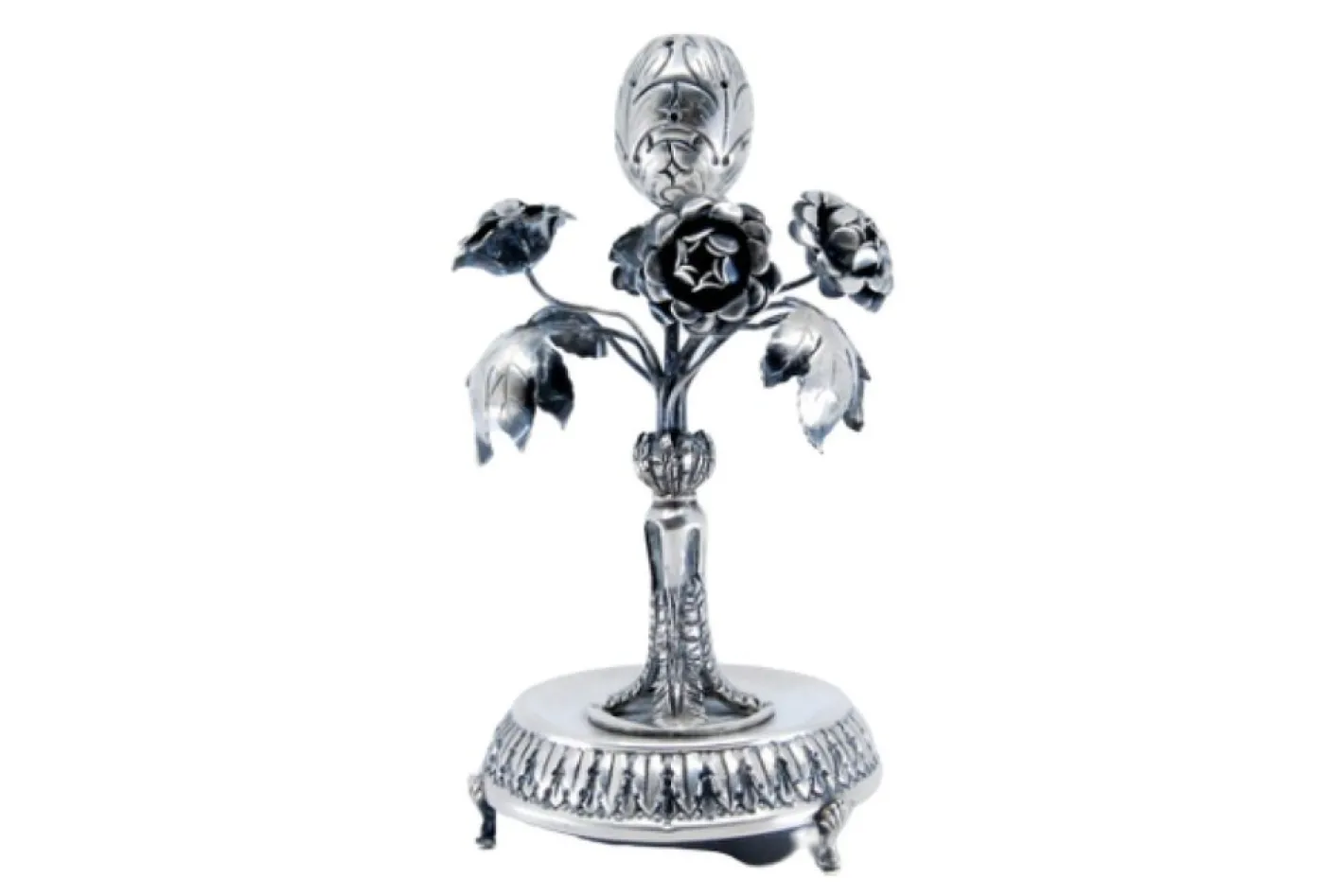 Silberner Zahnstocherhalter mit Blumen und Blättern