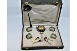 Silberne Salz- und Pfefferstreuer mit Glaskernen und Löffeln, 11er Set