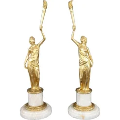 Skulpturale Figuren, Vergoldete Bronze auf Alabastersockel, Frühes 20. Jh., 2er Set