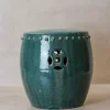 Smaragdgrüner Vintage Gartenhocker aus glasierter Keramik
