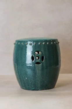 Smaragdgrüner Vintage Gartenhocker aus glasierter Keramik