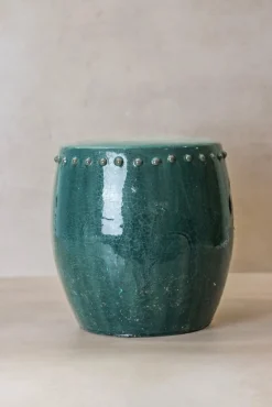 Smaragdgrüner Vintage Gartenhocker aus glasierter Keramik
