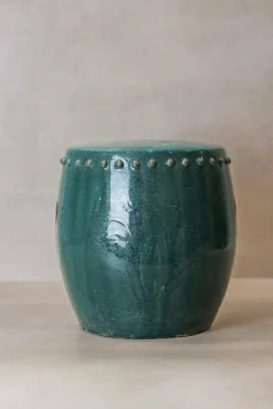 Smaragdgrüner Vintage Gartenhocker aus glasierter Keramik