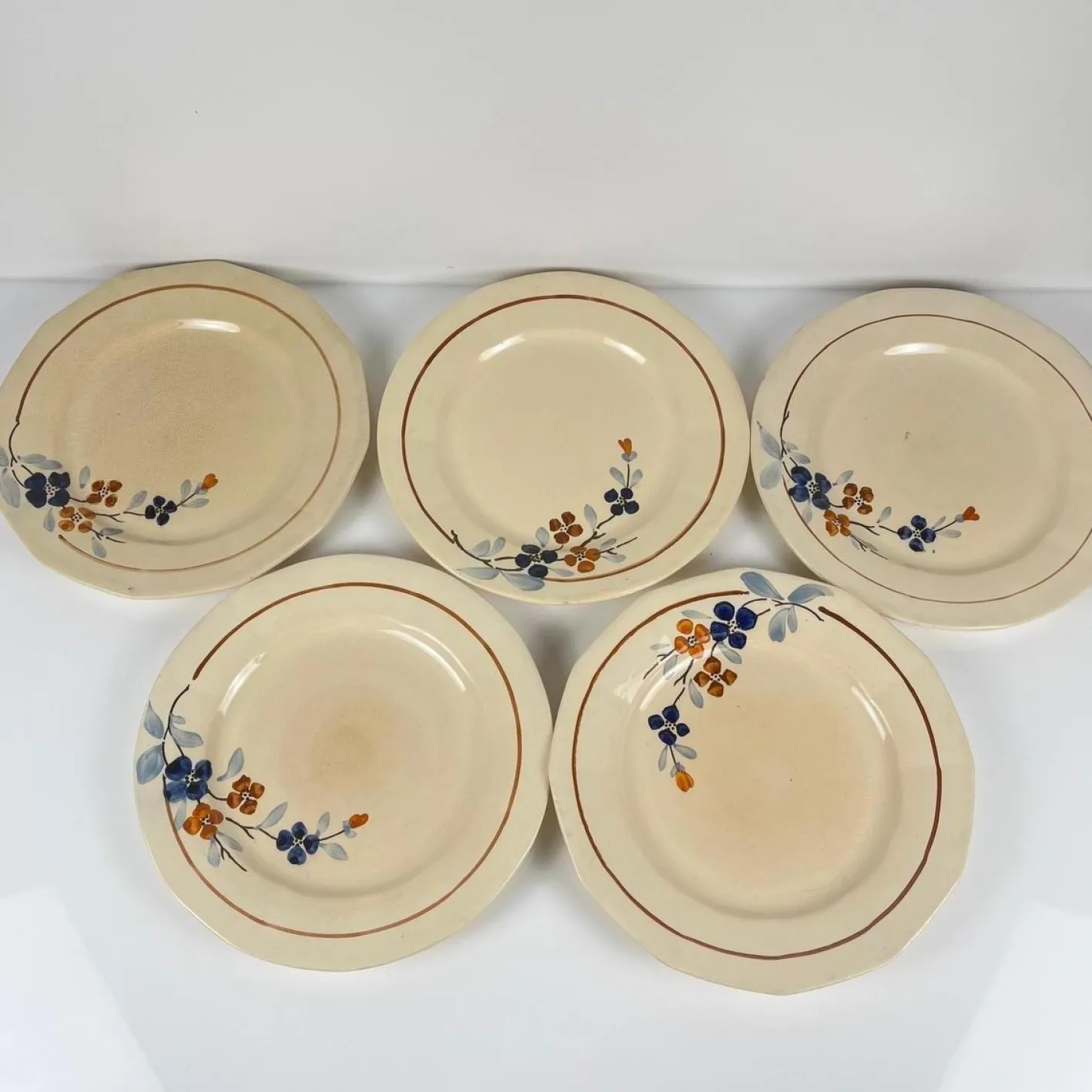 Speiseteller mit Blumenmotiv aus Sarreguemines, 1920er-1940er Jahre, 5er-Set