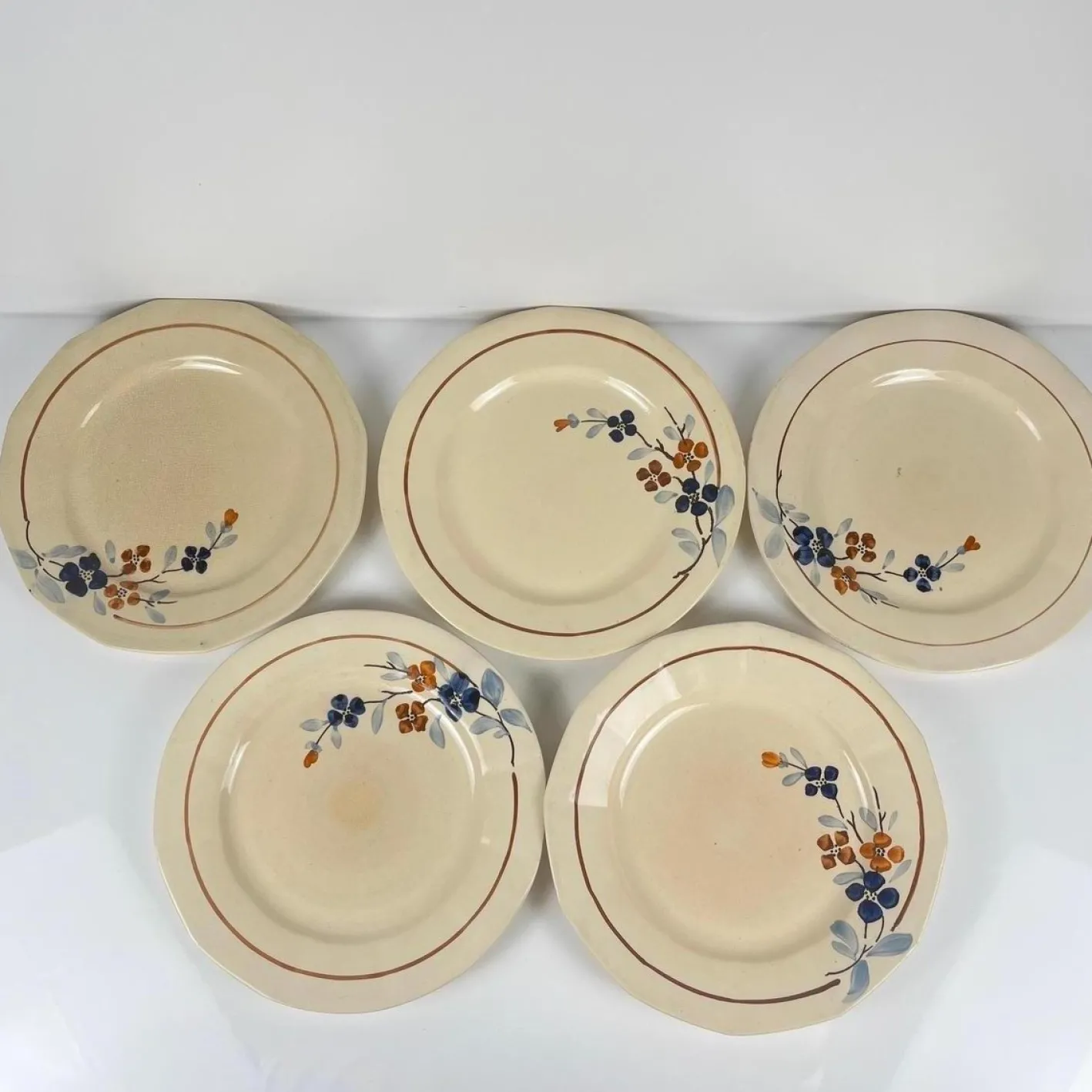 Speiseteller mit Blumenmotiv aus Sarreguemines, 1920er-1940er Jahre, 5er-Set